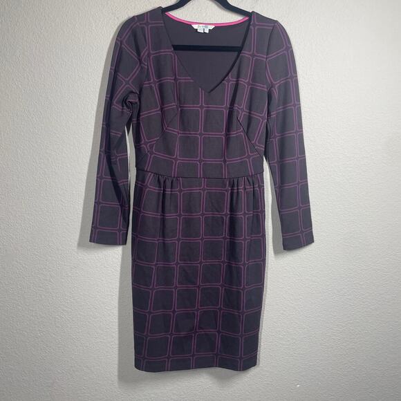 Boden 6 Eliza Ponte Sheath Dress Purple Windowpane Cotton V Neck Long Sleeves - Picture 2 of 11